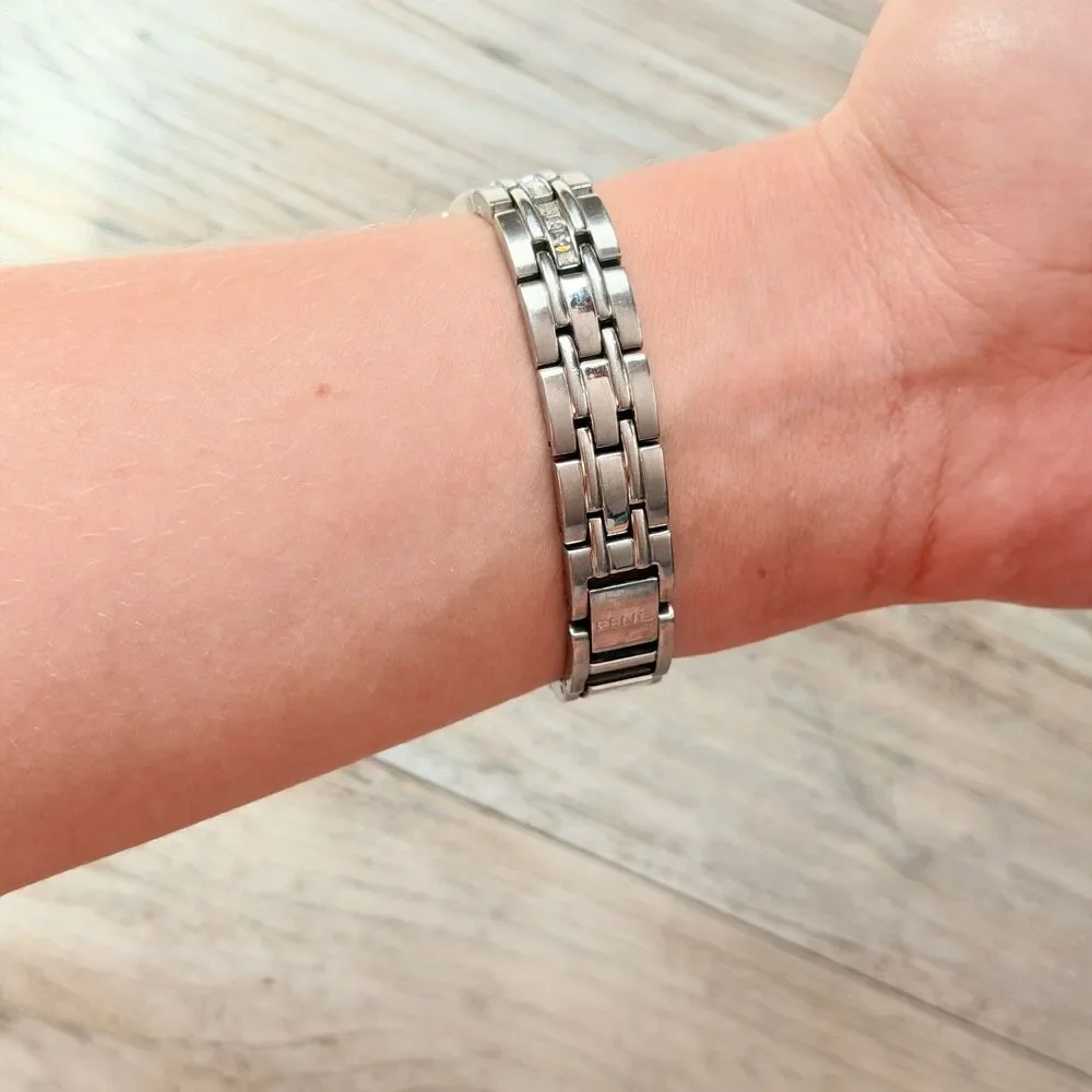 Relic Pink Dial Silver Tone Rhinestone Watch Y2K Glam Crystal Bracelet Date
